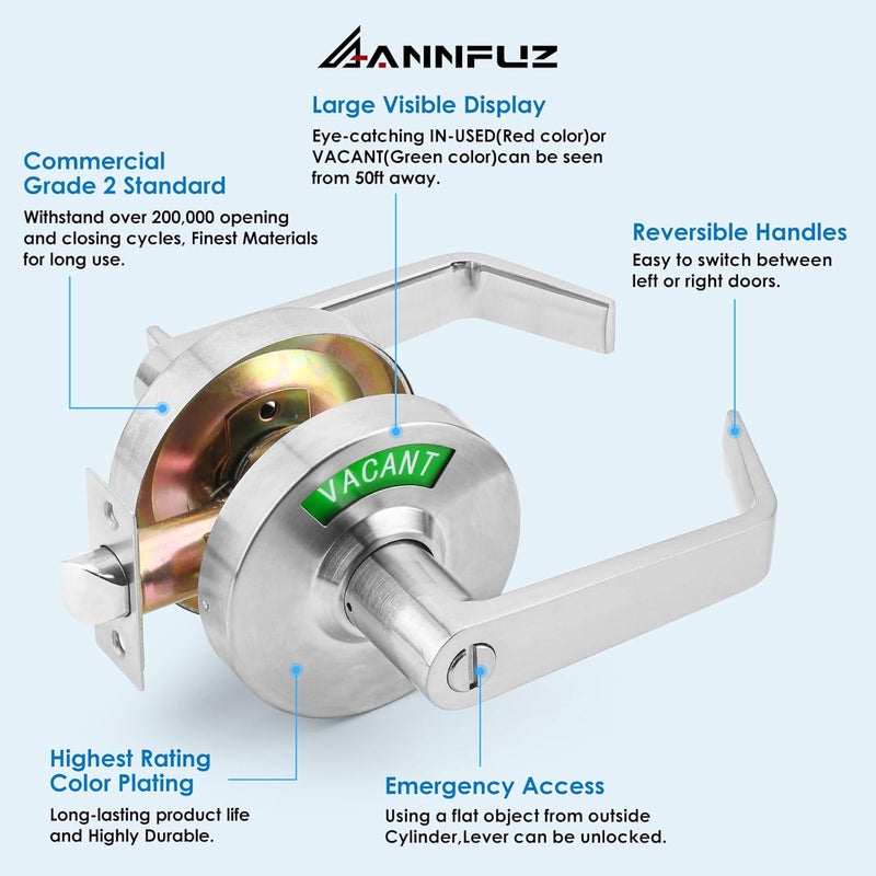 ANNFUZ Vacant Occupied Privacy Bathroom Door Handle Lock,Bathroom Lever Lock with Large Indicator in-Use Sign,ANSI Grade 2 Commercial Door Handle,for Public Restrooms Office Hospital (Brushed Nickel) - Image 3